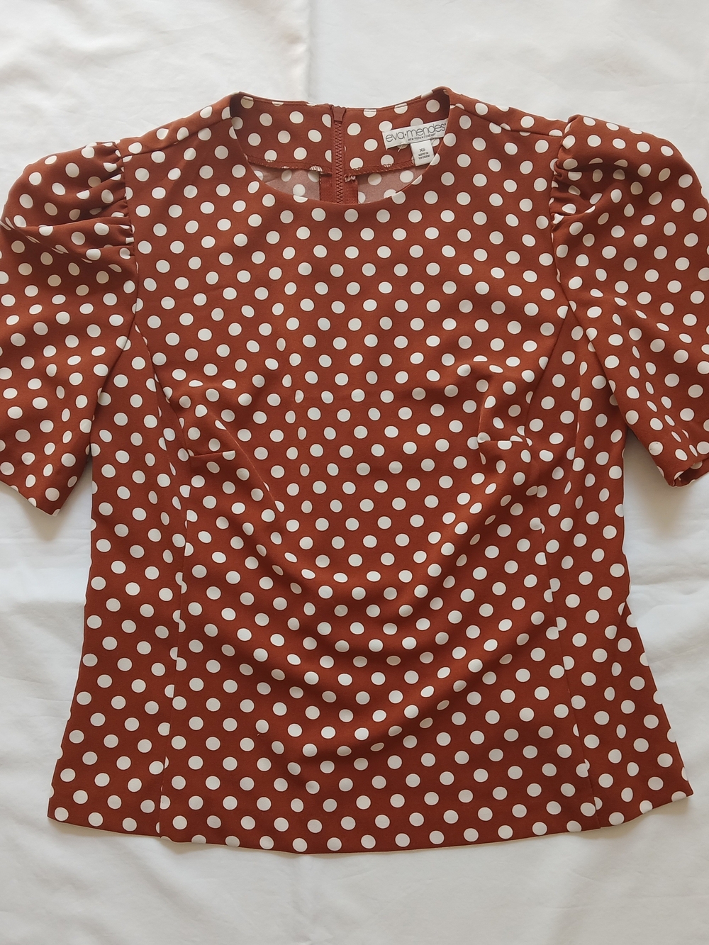 Retro Style Polka Dot Puff Sleeve Top Rust And White Women's Size XS